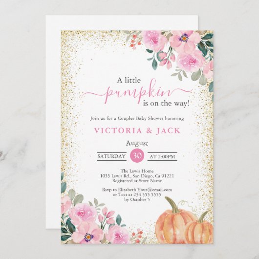 小さなカボチャのピンクの花 秋のベイビーシャワー 招待状 (正面/裏面)