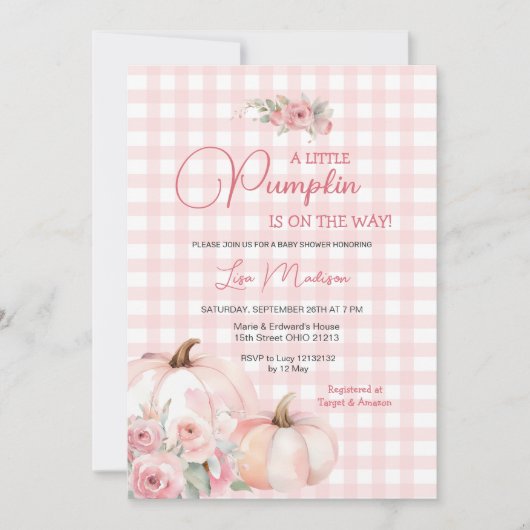 小さなカボチャのピンクの赤ちゃんシャワーの女の子 招待状 (正面)