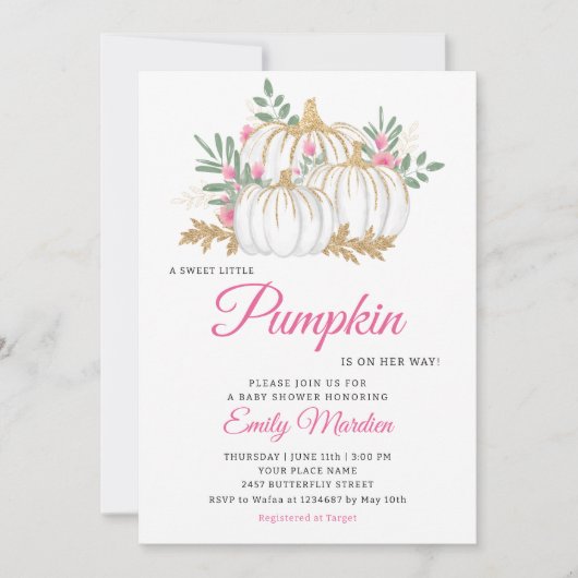 小さなカボチャのピンクボホフローラ女の子ベビーシャワー 招待状 (正面)