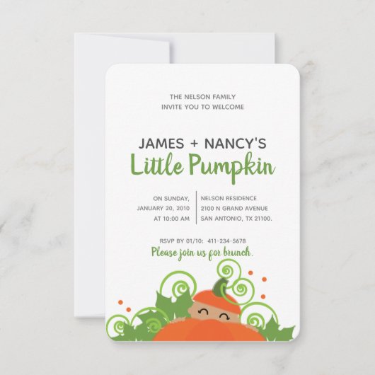 小さなカボチャのベビーシャワー少年の黒い肌色 招待状 (正面)