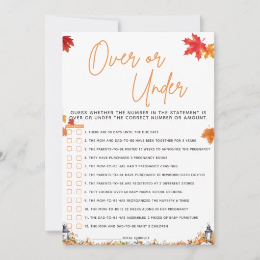 小さなカボチャの上または下の赤ちゃんシャワーゲーム 招待状 (正面)