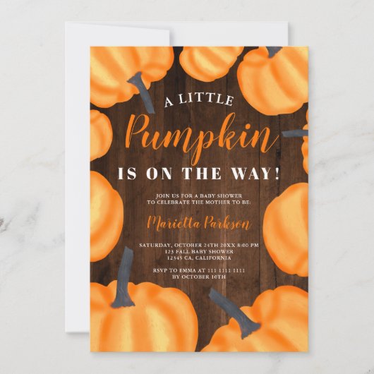 小さなカボチャの木のオレンジの秋のベビーシャワー 招待状 (正面)