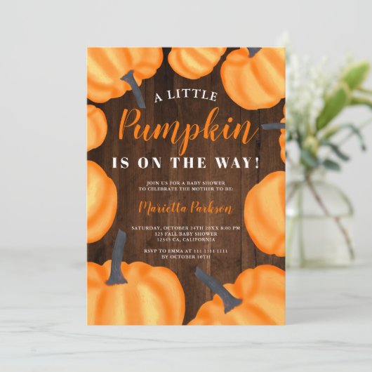 小さなカボチャの木のオレンジの秋のベビーシャワー 招待状 (スタンド正面)