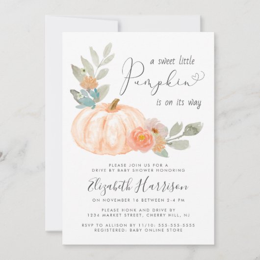 小さなカボチャの水の色をベビーシャワーでドライブ 招待状 (正面)
