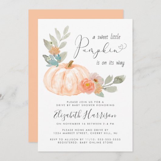小さなカボチャの水の色をベビーシャワーでドライブ 招待状 (正面/裏面)