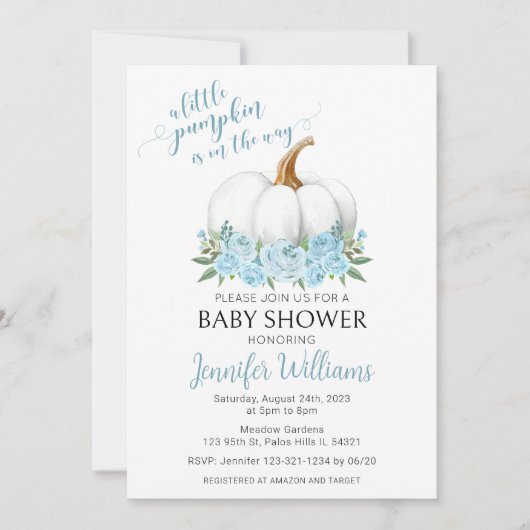 小さなカボチャの男の子の赤ちゃんシャワーの招待状を青 招待状 (正面)