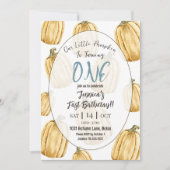 小さなカボチャの男の子 ブルー 秋の誕生日パーティーへの招待状 招待状 (正面)