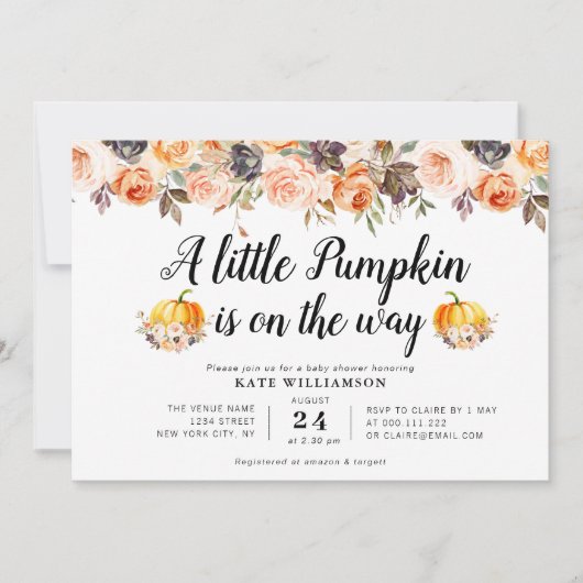 小さなカボチャの秋フローラのベビーシャワー 招待状 (正面)