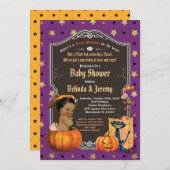 小さなカボチャの紫にシャワーを浴びるハロウィーンの女の子 招待状 (正面/裏面)