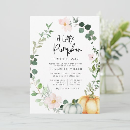 小さなカボチャの緑の赤面フローラのベビーシャワー 招待状 (スタンド正面)