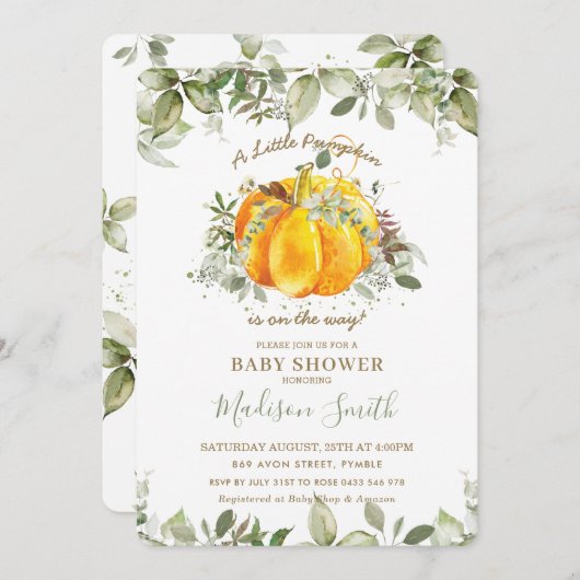 小さなカボチャの赤ちゃんシャワー緑男女兼用野 招待状 (正面/裏面)