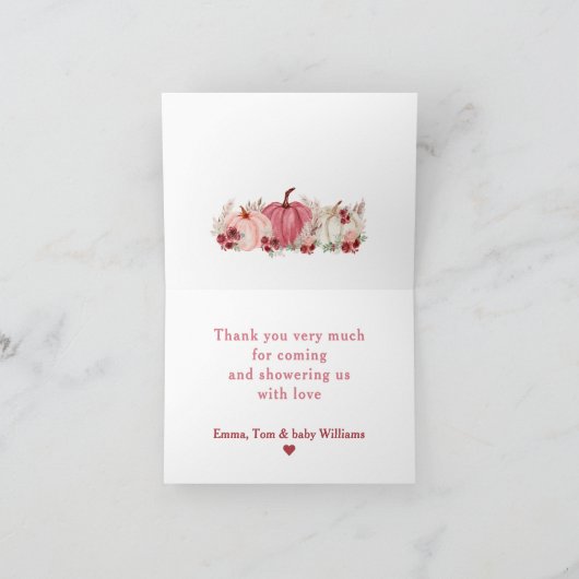 小さなカボチャはマルサラの赤ちゃんシャワーの途中にある サンキューカード (内部)