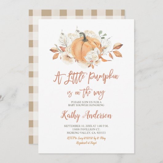 小さなカボチャは赤ちゃんシャワーの方法の一つ 招待状 (正面/裏面)