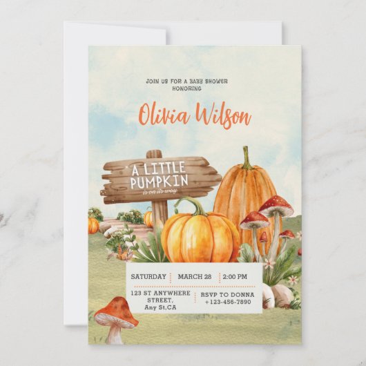 小さなカボチャは赤ちゃんシャワー素朴の途中にある 招待状 (正面)