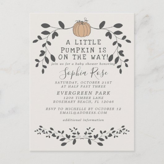 小さなカボチャは、途中のニュートラルな赤ちゃんシャワー ポストカード (正面)