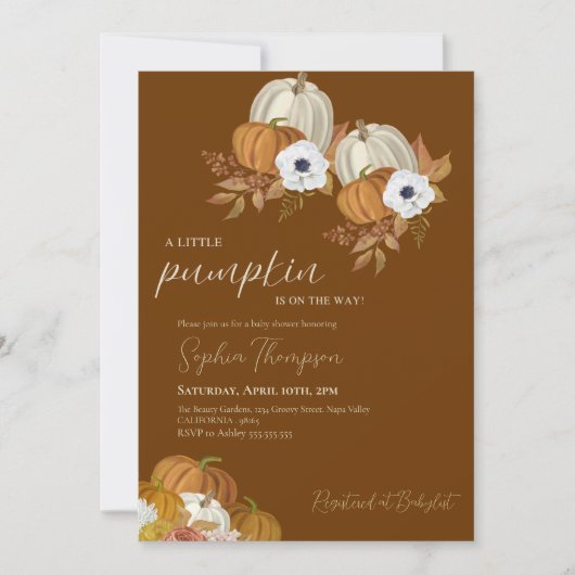 小さなカボチャひまわり花秋赤ちゃんシャワー 招待状 (正面)