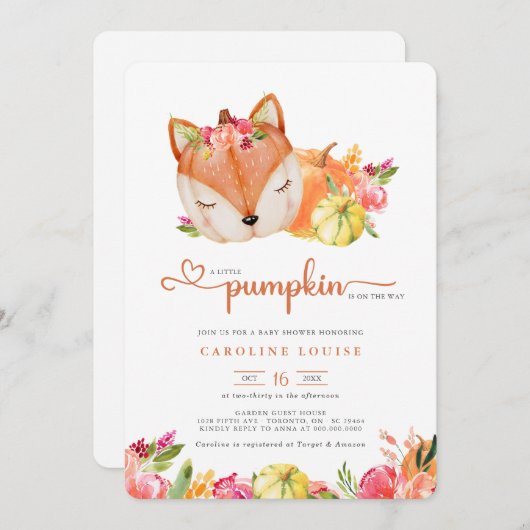 小さなカボチャキツネが途中のベビーシャワーInv 招待状 (正面/裏面)