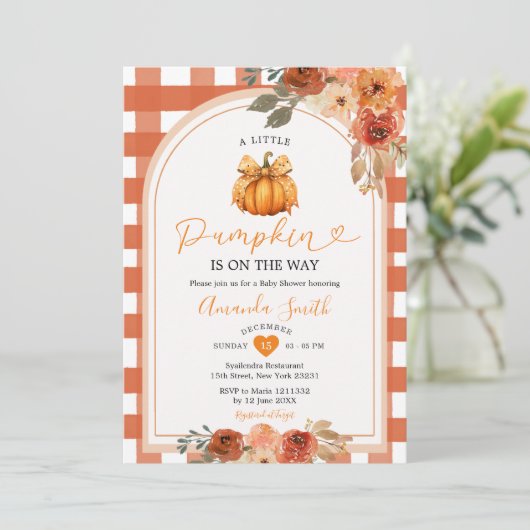 小さなカボチャフローラオレンジジンガム赤ちゃんシャワー 招待状 (スタンド正面)
