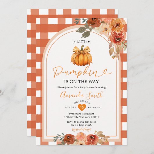 小さなカボチャフローラオレンジジンガム赤ちゃんシャワー 招待状 (正面/裏面)
