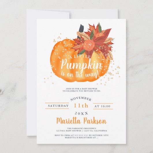 小さなカボチャフローラオレンジ秋ベビーシャワー 招待状 (正面)