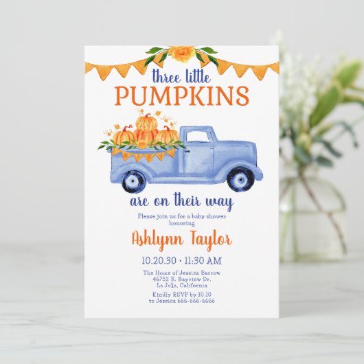 小さなカボチャ三つ子赤ちゃんシャワーすべて1つ 招待状 (スタンド正面)