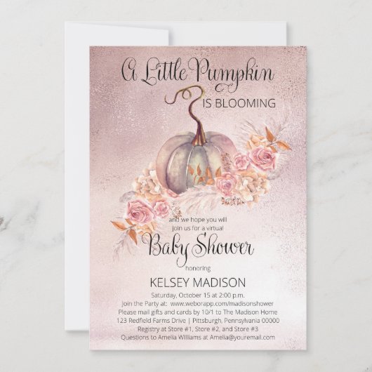 小さなカボチャ咲きピンクのバーチャル赤ちゃんシャワー 招待状 (正面)