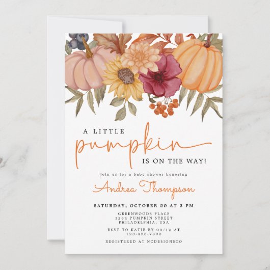 小さなカボチャ秋のフローラカボチャ赤ちゃんシャワー 招待状 (正面)