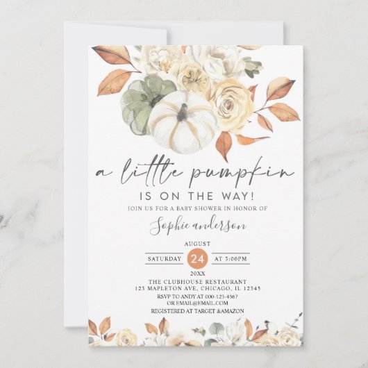 小さなカボチャ秋のフローラ秋ベビーシャワー 招待状 (正面)