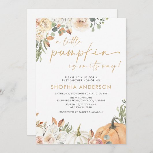 小さなカボチャ秋のフローラ秋ベビーシャワー 招待状 (正面/裏面)