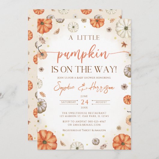 小さなカボチャ秋の秋の赤ちゃんシャワー 招待状 (正面/裏面)