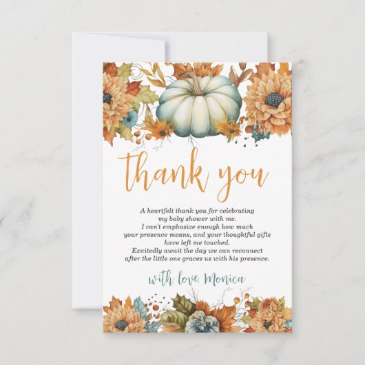 小さなカボチャ秋の秋フローラベビーシャワー サンキューカード (正面)