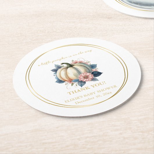 小さなカボチャ秋の秋フローラベビーシャワー ラウンドペーパーコースター (アングル)