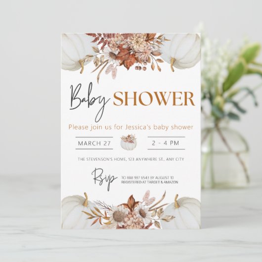 小さなカボチャ秋の秋フローラベビーシャワー 招待状 (スタンド正面)