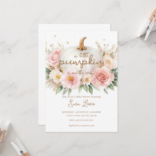 小さなカボチャ秋の秋フローラベビーシャワー 招待状 (正面/裏面インサイチュ)