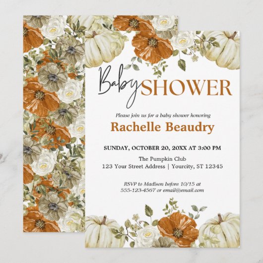 小さなカボチャ秋の秋フローラベビーシャワー 招待状 (正面/裏面)