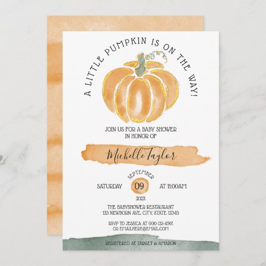 小さなカボチャ秋の秋フローラ赤ちゃんシャワー 招待状 (正面/裏面)
