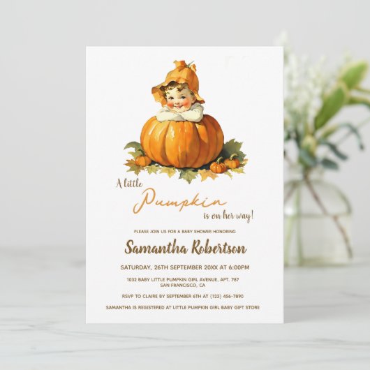 小さなカボチャ秋秋かわいい女の子の赤ちゃんシャワー 招待状 (スタンド正面)