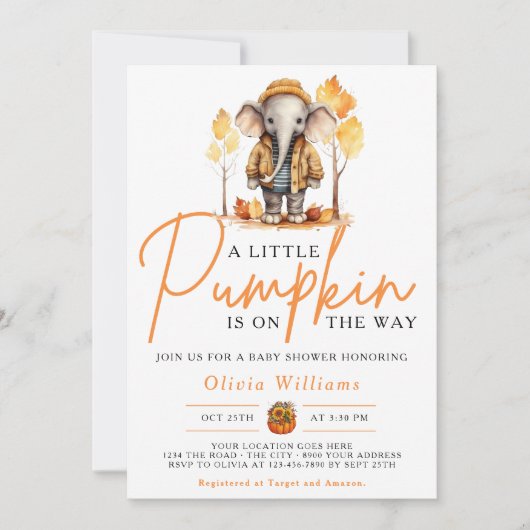 小さなカボチャ秋秋のゾウの赤ちゃんシャワー 招待状 (正面)