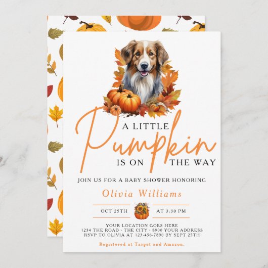 小さなカボチャ秋秋の犬の赤ちゃんシャワー 招待状 (正面/裏面)