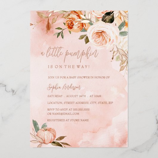 小さなカボチャ秋秋ピンクの赤ちゃんシャワー箔 箔招待状 (正面)