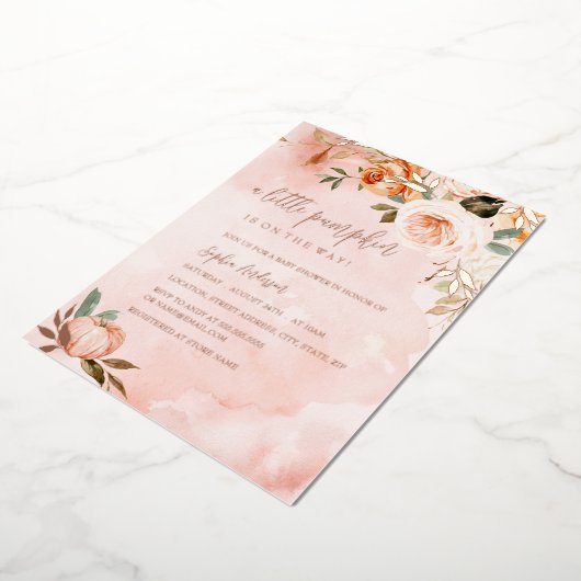 小さなカボチャ秋秋ピンクの赤ちゃんシャワー箔 箔招待状 (回転した状態)