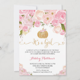 小さなカボチャ赤ちゃんシャワーピンク&金ゴールドグリッター 招待状