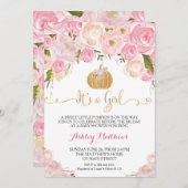 小さなカボチャ赤ちゃんシャワーピンク&金ゴールドグリッター 招待状 (正面/裏面)