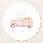 小さなカボチャ軽いピンクのトラックの赤ちゃんシャワー ペーパーコースター (正面)