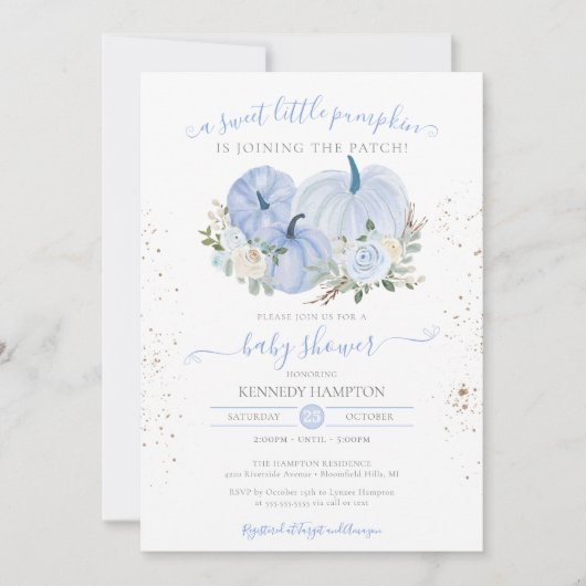 小さなカボチャ青い白い男の子女の子の赤ちゃんシャワー 招待状 (正面)