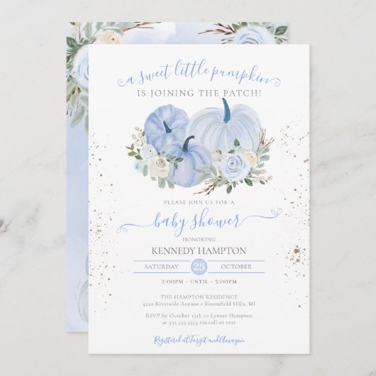 小さなカボチャ青い白い男の子女の子の赤ちゃんシャワー 招待状 (正面/裏面)