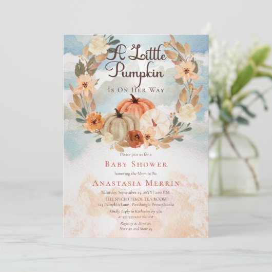 小さなカボチャ |秋フローラガールベビーシャワー 招待状 (スタンド正面)