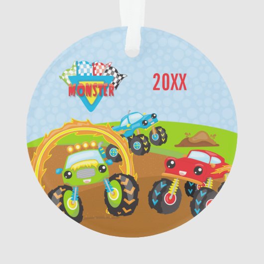 小さなカラフル男の子モンスタートラック名クリスマス オーナメント (裏面)