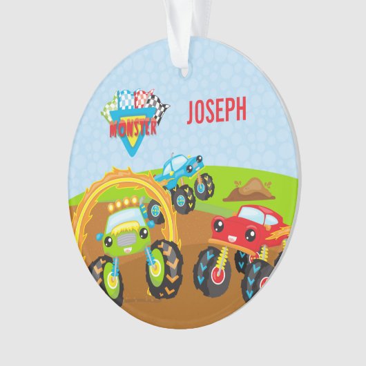 小さなカラフル男の子モンスタートラック名クリスマス オーナメント (正面)