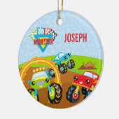 小さなカラフル男の子モンスタートラック名クリスマス セラミックオーナメント (左)